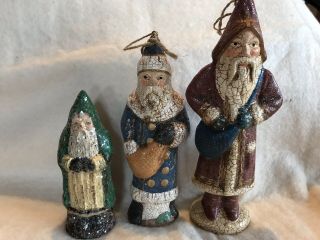 Set Of Three Belsnickle Santas Antiqued Glitter Primitive Red Blue Green Country
