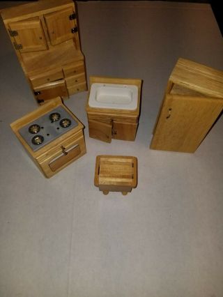 Vintage Wooden Miniature Doll House Furniture Kitchen Set Of 5