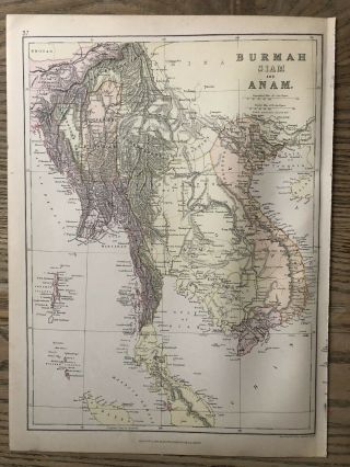 1884 Southeast Asia Coloured Antique Map By W.  G.  Blackie