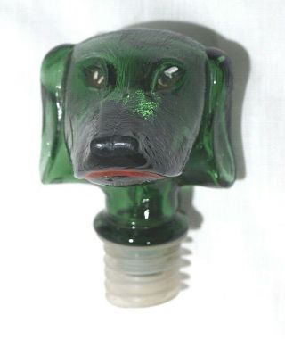 Dog Head Liquor Decantor Topper Cover Green Glass 1 1/8 " Opening 4 1/2 " Vintage