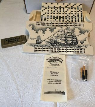 Tall Ship Scrimshaw Cribbage Board And Domino’s By North Coast Trading Company