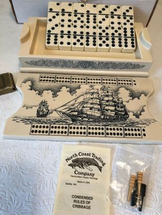 Tall Ship Scrimshaw Cribbage Board And Domino’s By North Coast Trading Company 2