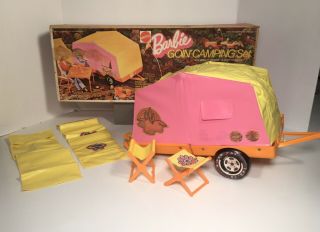 Vintage 1973 Mattel Barbie Goin’ Camping Set Pop - Up Camper Tent Trailer & Box
