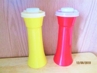 2 Vintage Rare Red & Yellow Tupperware Tall Salt Or Pepper Shakers With Cap