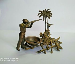 Antique Bronze Sculptural Set Ashtray With Partdrige Hunting Scene - From Cptc