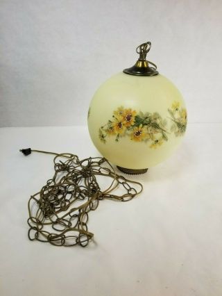 Vintage Round Glass Swag Hanging Light Lamp Mid Century Hand Painted Rare