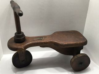Antique Early Wood Tricycle Scooter Kiddie Kar Ride On Toy W/wooden Wheels - Wow