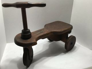 Antique Early Wood Tricycle Scooter Kiddie Kar Ride on Toy w/Wooden Wheels - WOW 2