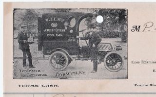 Rare Advertising Billhead Delivery Truck Lemp Jeweler Optician Syracuse Ny 1910