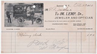 RARE Advertising Billhead Delivery TRUCK Lemp Jeweler Optician Syracuse NY 1910 2