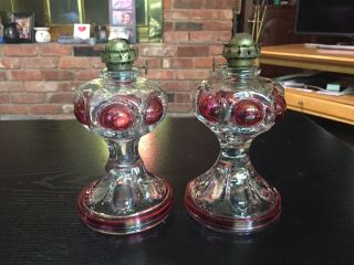 Pair Antique Vintage Small Miniature Ruby Cranberry Red Bullseye Glass Oil Lamps