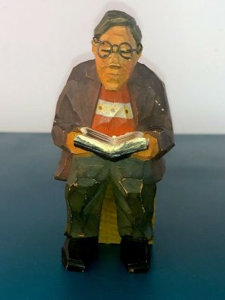Wood Carving Man Reading A Book In Chair 5 " H (looks Like Stephen King?)