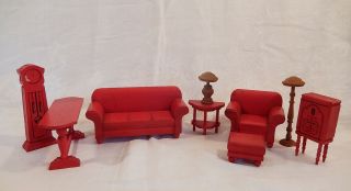 9 Vintage Red Painted Wood Strombecker Doll House Living Room Furniture 1930 - 40s