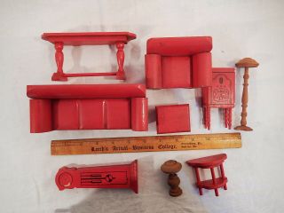 9 VINTAGE RED PAINTED WOOD STROMBECKER DOLL HOUSE LIVING ROOM FURNITURE 1930 - 40s 2