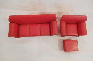 9 VINTAGE RED PAINTED WOOD STROMBECKER DOLL HOUSE LIVING ROOM FURNITURE 1930 - 40s 3
