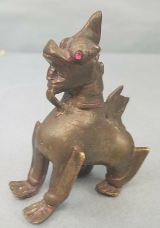 Antique Oriental Asian Brass Bronze Foo Dog Lion Figurine Statue Ruby Eyes