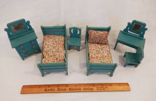6 Vintage Aqua Painted Wood Strombecker Doll House Bedroom Furniture 1930 - 40s