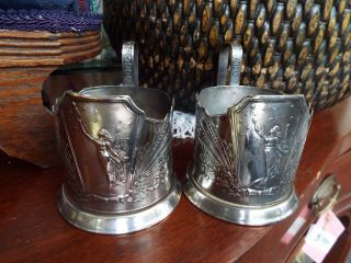 2 Russian Soviet Ussr Podstakannik Sputnik Era Silver Tea Glass Holders Teacup