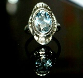 Antique Art Deco Sterling Silver Ring.  Impressive Blue Faceted Gemstone.  Size L.