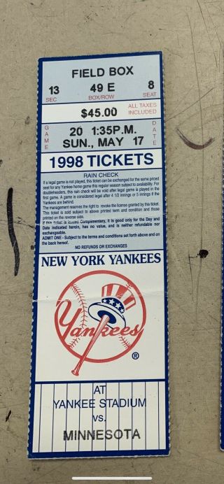 Ny Yankees David Wells Perfect Game Season Ticket Stub 5 - 17 - 1998 Rare 5/17/98
