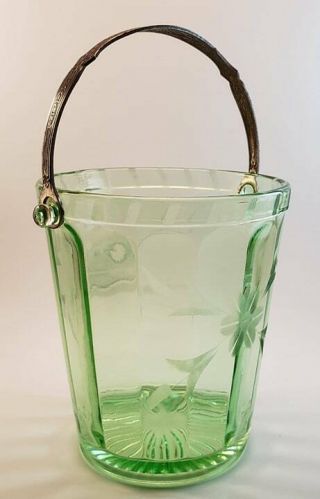 Antique Green Depression Glass Uranium Ice Bucket Etched Flowers Silver Handle