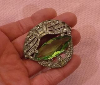 Vintage Antique Art Deco Big Green Open Back Cut Crystal Rhinestone Pin Brooch