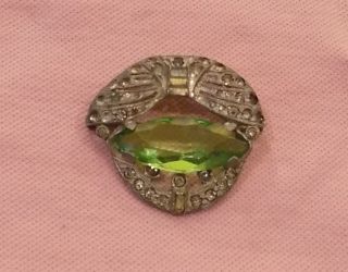 Vintage Antique ART DECO Big Green Open Back Cut Crystal Rhinestone Pin Brooch 3