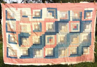 Antique C1890 - 1900 Red White & Blue Patchwork Quilt 85x56 - Needs Finishing