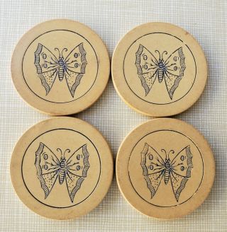 4 - Antique Engraved Clay Poker Chips☆ Butterfly Design☆ Htf