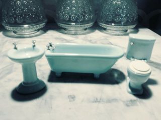 Vintage Dollhouse Bathroom Set Baby Blue Porcelain Tub Sink Toilet