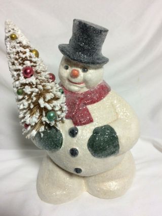 Rare Bethany Lowe Christmas Snowman And Tree Vintage Teena Flanner Sparkling
