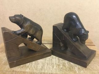 Unusual Antique / Vintage Black Forest Style Hand Carved Bear Bookends