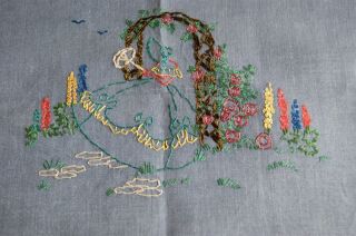 Vintage Tablecloth Hand Embroidered With Crinoline Lady & Flowers Blue Linen T82