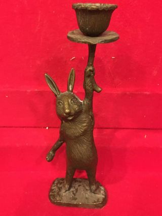 Rare Vintage Bronze / Brass Standing Rabbit Candle Holder 8 " Tall Figurine