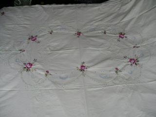 Antique/vintage Cotton/linen Hand Embroidered Tablecloth 63.  5 X 50 Inch