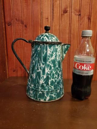 Antique Graniteware Coffee Pot Enamel Ware Green Swirl