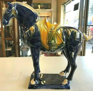 Vintage Chinese Tang Sancai Ceramic Dynasty War Horse Statue Blue Glaze Co2 8.  5 "