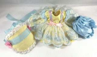 Vintage Lacy Yellow & Blue Dress fits Ginny,  Bloomers & Bonnet (No Doll) 2