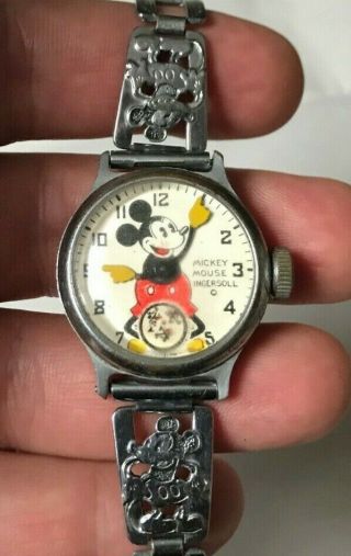 Rare Vintage 1930s Ingersoll Mickey Mouse Mechanical Watch - Band