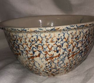 Antique Western Monmouth Pottery Stoneware Spongeware Rust Bowl Blue Illinois