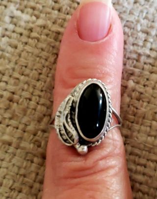 Antique Hand Made Sterling Silver 925 Black Onyx Native American Ring W/ Feather