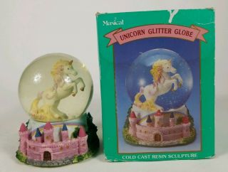 Rare Vintage Unicorn Musical,  Hand Painted,  Glitter Water Snow Globe 1994 2