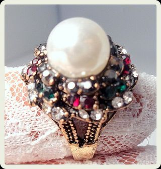 Vintage High QualityPearl Ring For Ladys Antique Gold Multicolor Gemstone Size 9 2