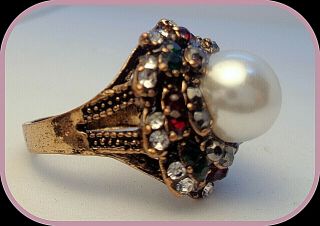 Vintage High QualityPearl Ring For Ladys Antique Gold Multicolor Gemstone Size 9 3