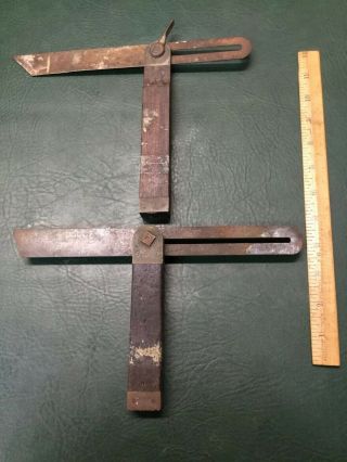 Two Antique Wood & Brass Sliding T - Bevel Squares 10 " As Found