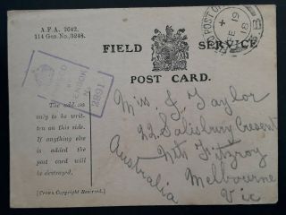 Rare 1918 Australia A.  F.  A Field Post Office Card Sent To Melbourne