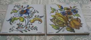 2 Vintage Onda Hand Painted Tiles Floral Design Signed Made In Spain 5 7/8 "