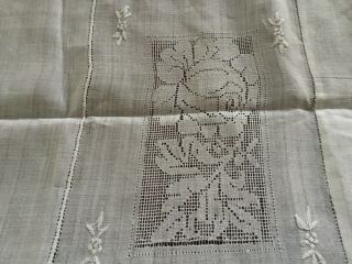 Antique Vintage Linen Crocheted & Embroidered Table Cloth 51 " X 49 " Crisp White
