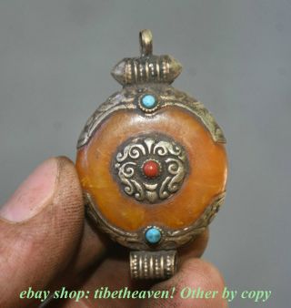 5cm Old Tibetan Silver Beeswax Gem 8 Auspicious Symbol Flower Amulet Pendant