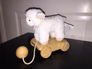 Rare Htf Pottery Barn Kids Lamb Plush Pull Toy Rolling 7” Stuffed Animal